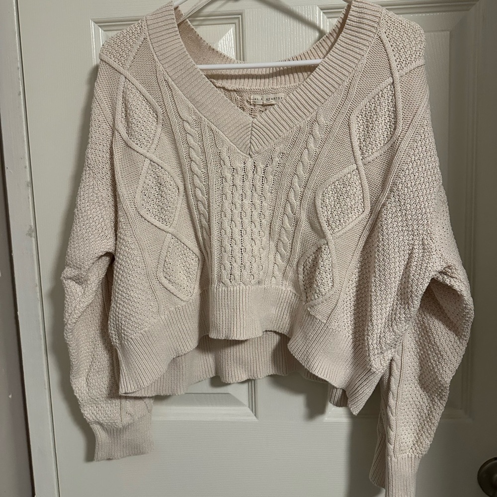 PacSun LA Hearts Cable Knit Cream V-Neck Sweater